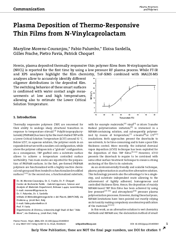 Pdf Plasma Deposition Of Thermo Responsive Thin Films From N Vinylcaprolactam Gilles Frache Academia Edu