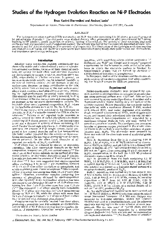 (PDF) Studies of the Hydrogen Evolution Reaction on Ni-P Electrodes