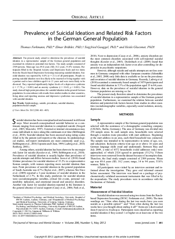 (PDF) Prevalence of Suicidal Ideation and Related Risk Factors in the ...
