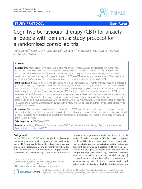 (PDF) Cognitive-behavioural therapy for anxiety in dementia: pilot ...