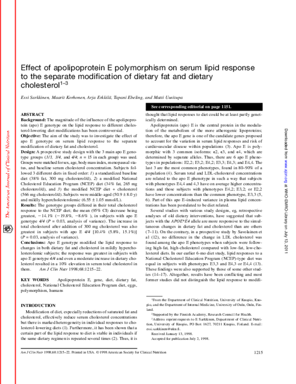 (PDF) Effect of apolipoprotein e polymorphism on serum lipid ...