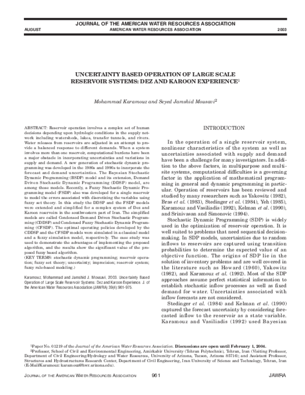 (PDF) UNCERTAINTY BASED OPERATION OF LARGE SCALE RESERVOIR SYSTEMS: DEZ ...