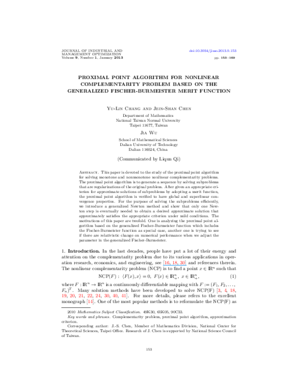 (PDF) Proximal point algorithm for nonlinear complementarity problem ...