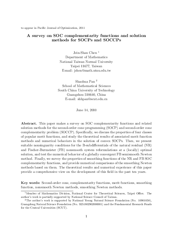 (PDF) A survey on SOC complementarity functions and solution methods ...