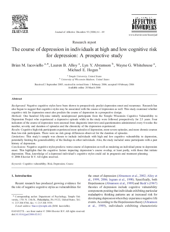 (PDF) The course of depression in individuals at high and low cognitive ...