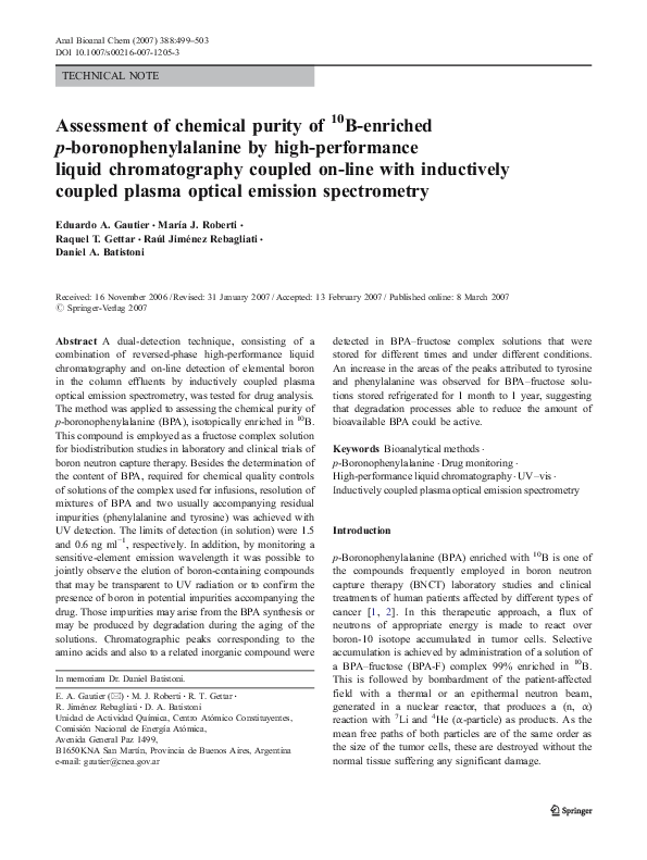 Assessment of chemical purity of 10B-enriched p-boronophenylalanine by high-performance liquid chromatography coupled on-line with inductively coupled plasma optical emission spectrometry
