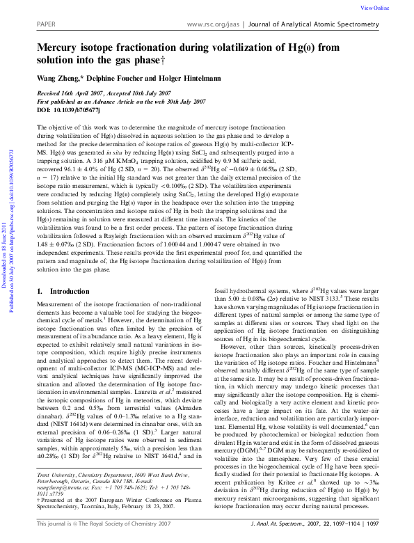 (PDF) Mercury isotope fractionation during volatilization of Hg(0) from ...