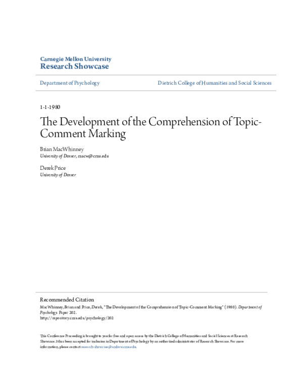 (PDF) The Development of the Comprehension of Topic-Comment Marking
