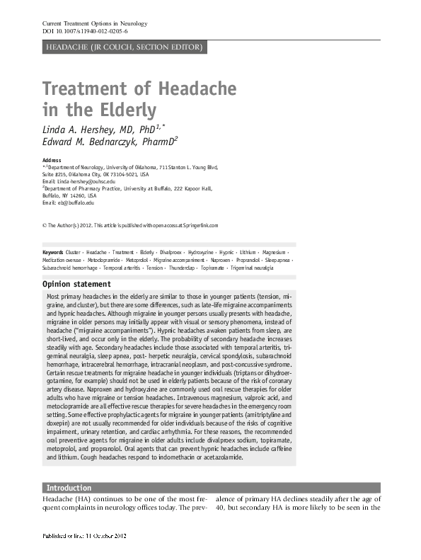 (PDF) Treatment of Headache in the Elderly Linda Hershey MD, PhD FAAN