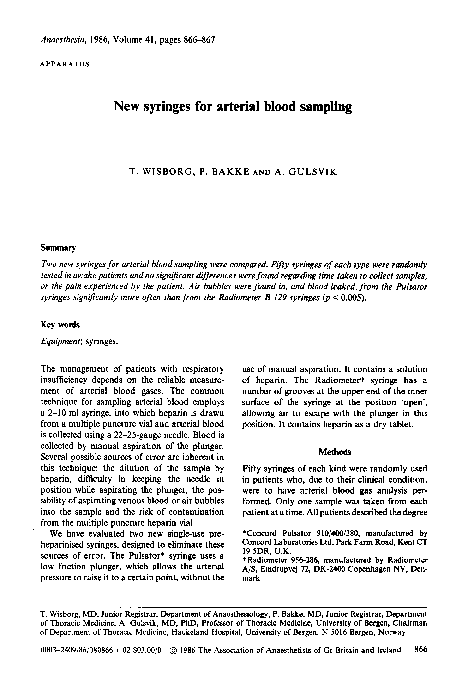 (PDF) New syringes for arterial blood sampling