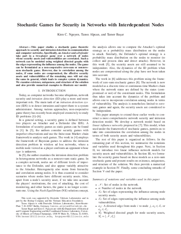 (PDF) Stochastic games for security in networks with interdependent nodes