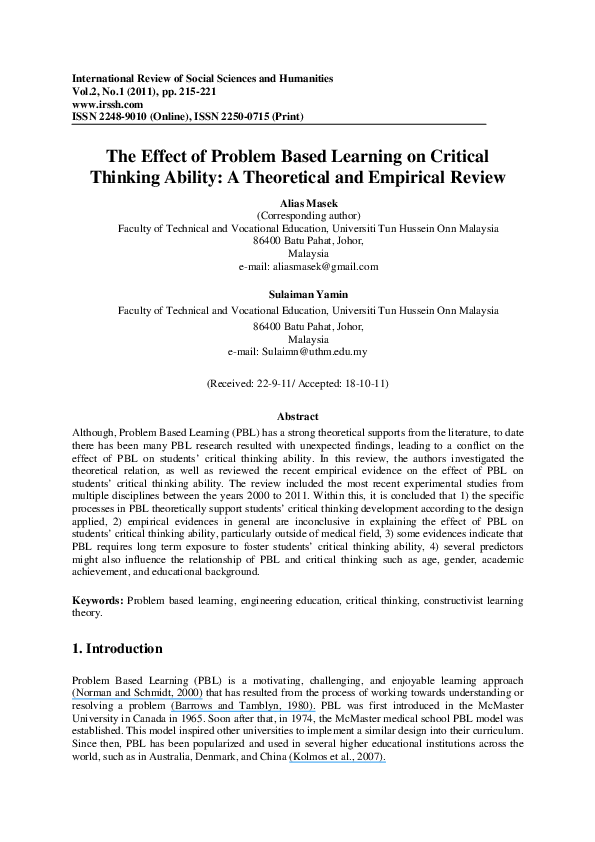 (PDF) The Effect of Problem-Based Learning on the Critical Thinking of ...