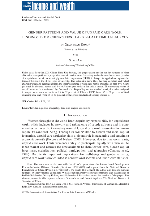 (PDF) Gender Patterns and Value of Unpaid Care Work: Findings From ...