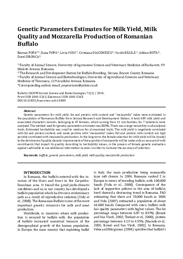 (PDF) Genetic Parameters Estimates for Milk Yield, Milk Quality and ...