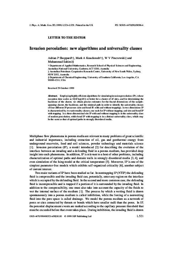 (PDF) Invasion percolation: new algorithms and universality classes