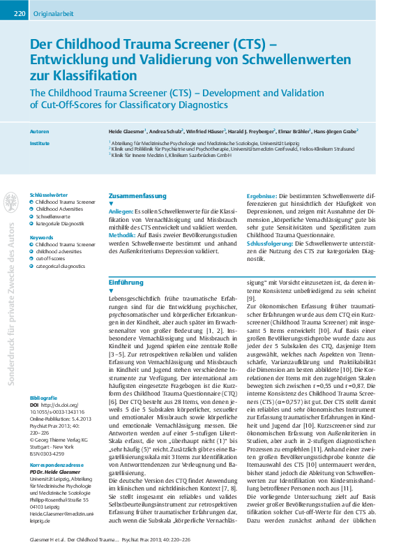 The Childhood Trauma Screener (CTS) – Development and Validation of Cut ...