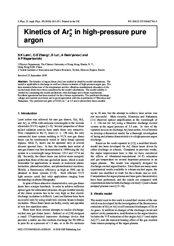 (PDF) Kinetics of Ar * 2 in high-pressure pure argon