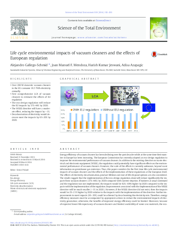 (PDF) Life cycle environmental impacts of vacuum cleaners and the