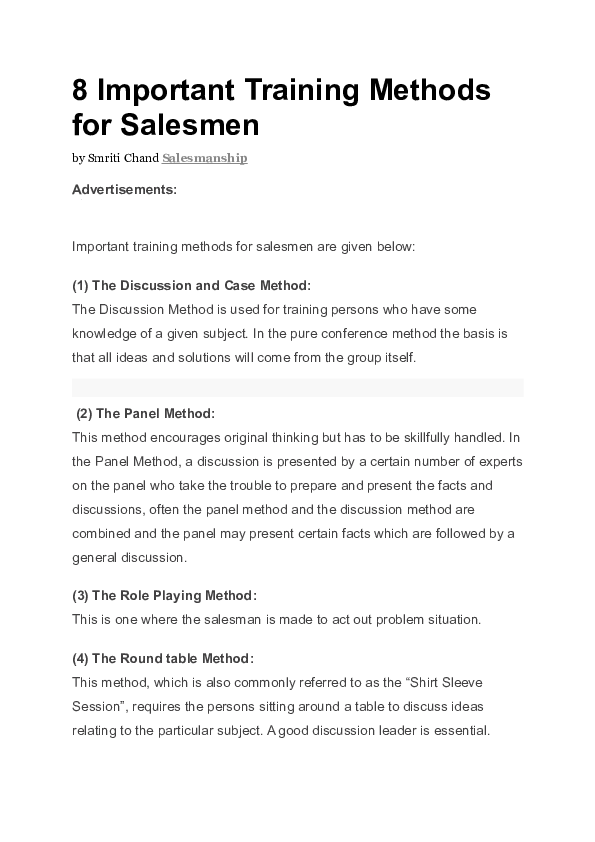 (DOC) Important Training Methods for Salesmen
