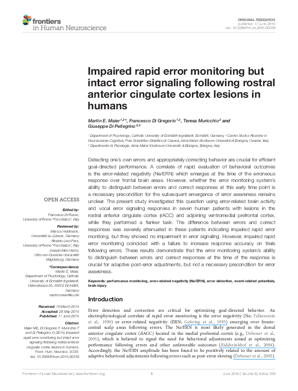(PDF) Impaired rapid error monitoring but intact error signaling ...