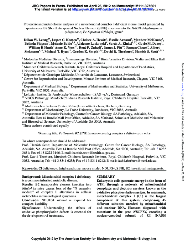 (PDF) Proteomic and Metabolomic Analyses of Mitochondrial Complex I ...