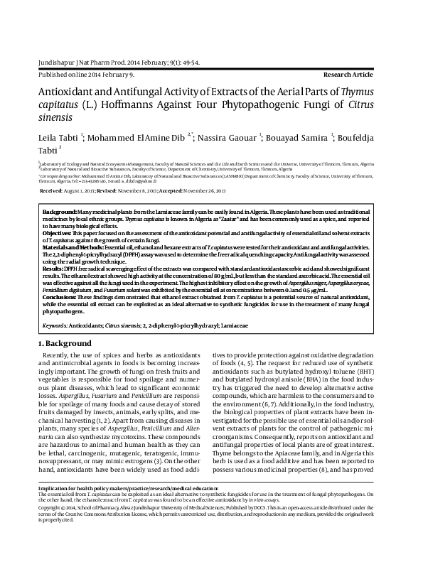 (PDF) Antioxidant and Antifungal Activity of Extracts of the Aerial ...