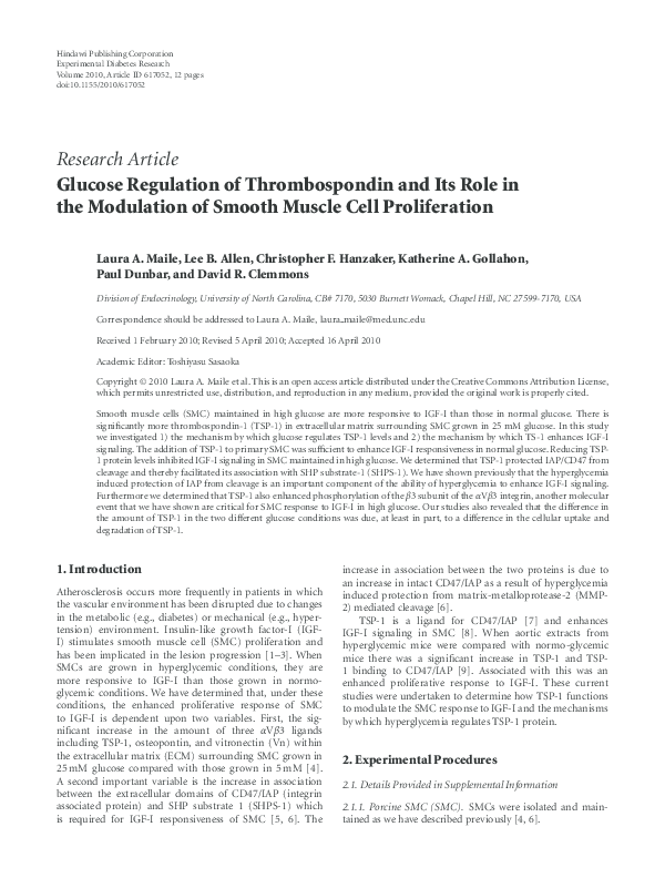 (PDF) Glucose regulation of thrombospondin and its role in the