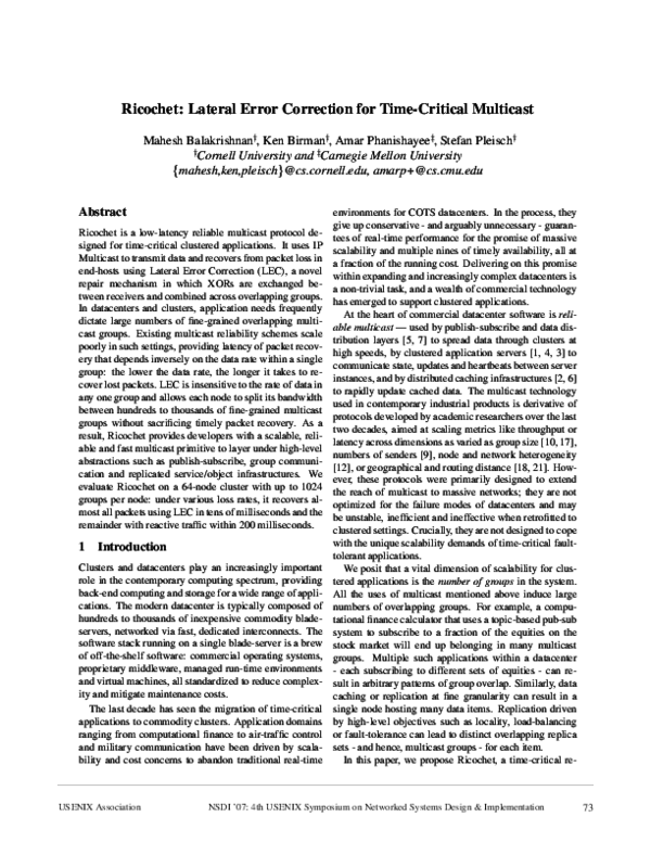 (PDF) Ricochet: Lateral error correction for time-critical multicast