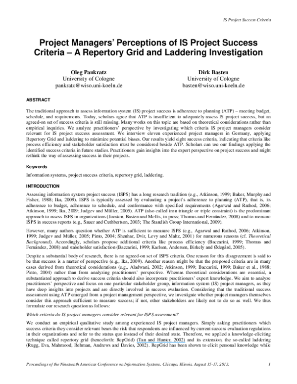 (PDF) Project Managers' Perceptions of IS Project Success Criteria – A ...