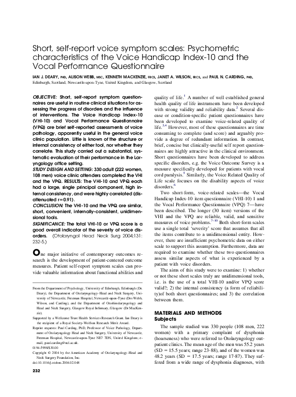 (PDF) Short, self-report voice symptom scales: Psychometric ...