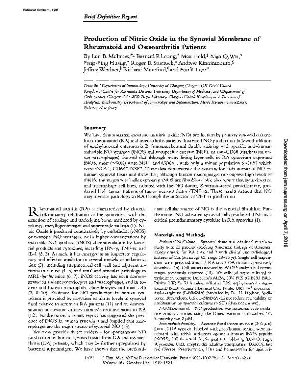 (PDF) Production of nitric oxide in the synovial membrane of rheumatoid and osteoarthritis
