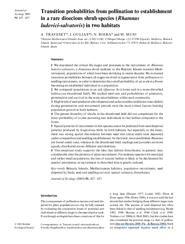 (PDF) Transition probabilities from pollination to establishment in a