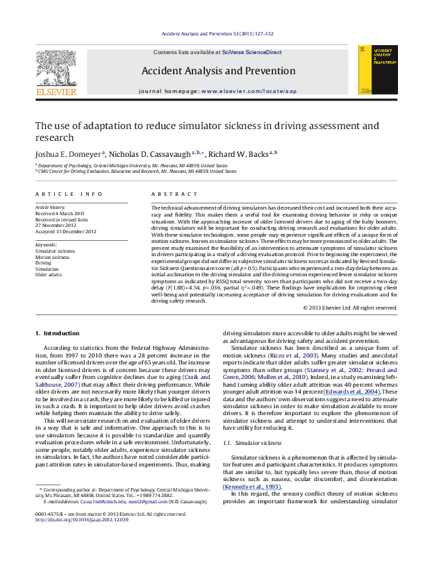 (PDF) The use of adaptation to reduce simulator sickness in driving ...