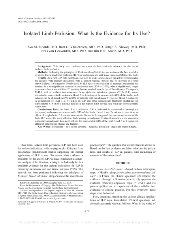 (PDF) Isolated Limb Perfusion: What Is the Evidence for Its Use?