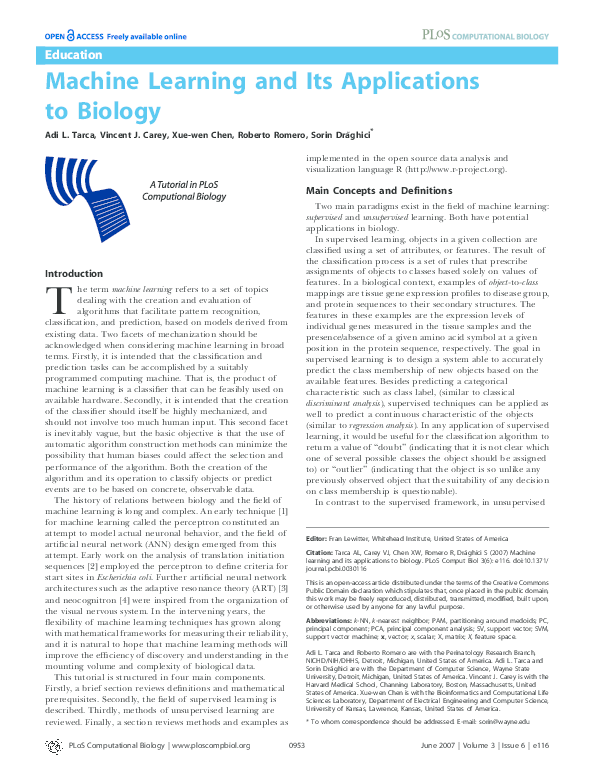 (PDF) Machine Learning and Its Applications to Biology