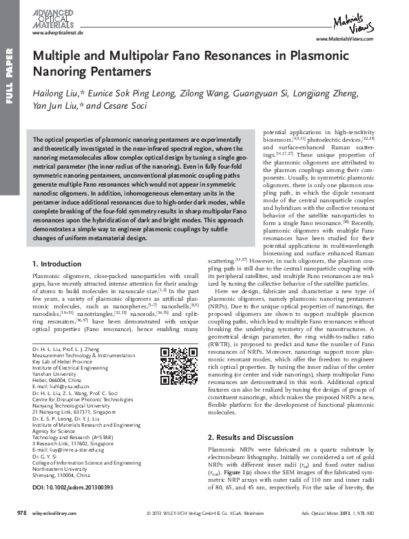 (PDF) Multiple and Multipolar Fano Resonances in Plasmonic Nanoring ...