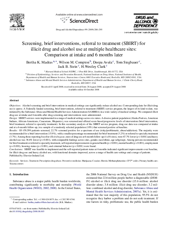 (PDF) Screening, brief interventions, referral to treatment (SBIRT) for ...