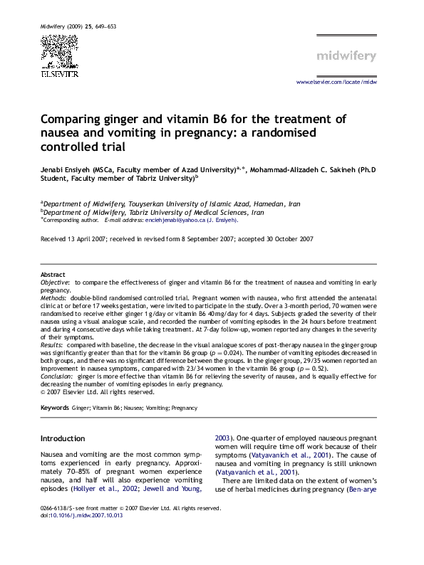 (PDF) Comparing ginger and vitamin B6 for the treatment of nausea and