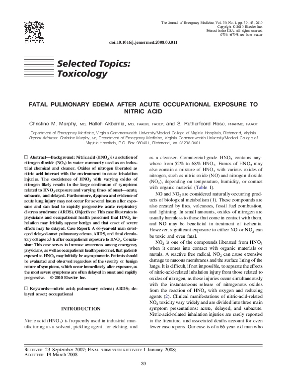(PDF) Fatal Pulmonary Edema After Acute Occupational Exposure to Nitric