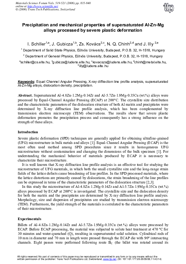 (PDF) Precipitation and Mechanical Properties of Supersaturated Al-Zn ...