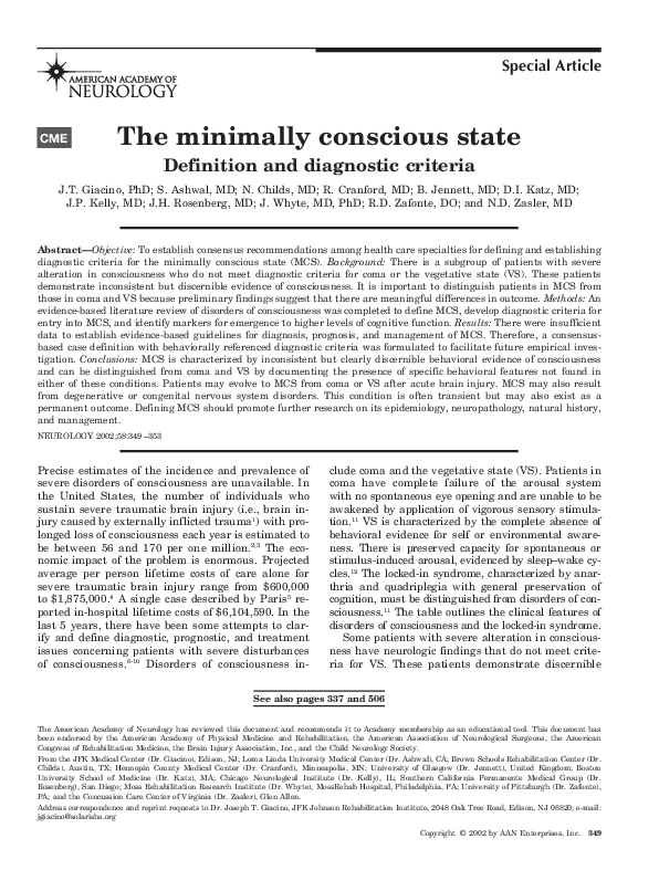 (PDF) The minimally conscious state Definition and diagnostic criteria