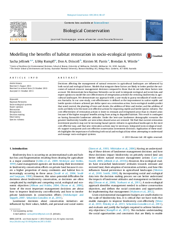 (PDF) Modelling the benefits of habitat restoration in socioecological systems Kirsten M