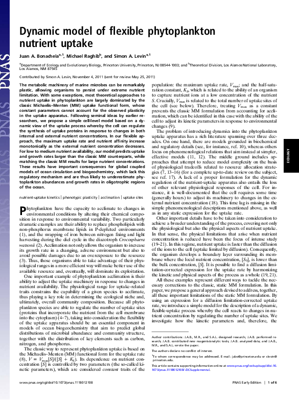 (PDF) Dynamic model of flexible phytoplankton nutrient uptake