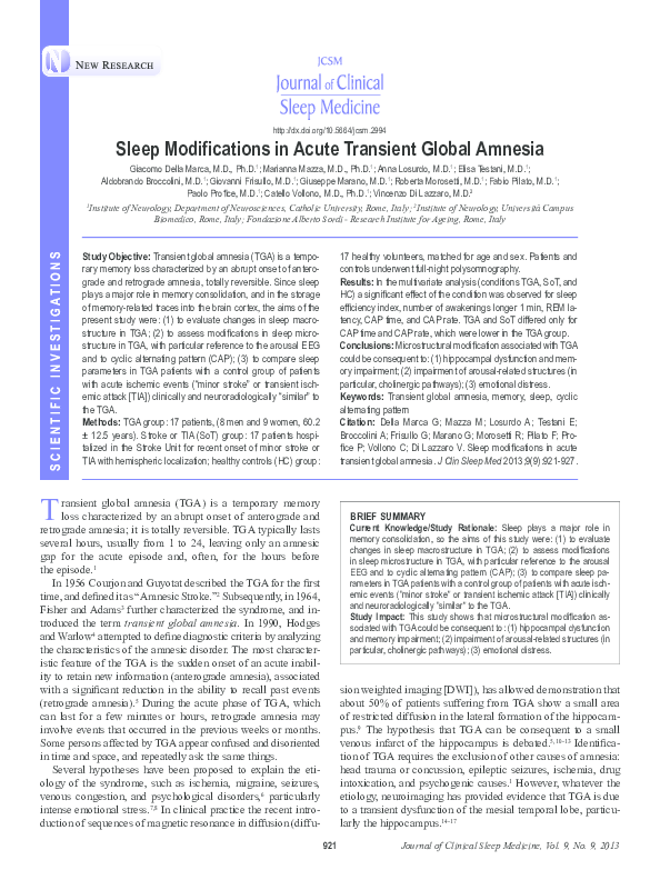(PDF) Sleep Modifications in Acute Transient Global Amnesia