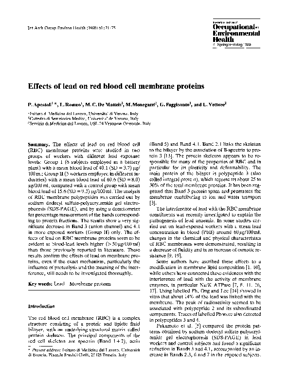 (PDF) Effects of lead on red blood cell membrane proteins