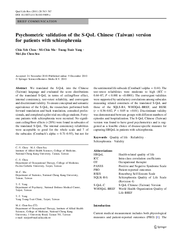 (PDF) Psychometric validation of the S-QoL Chinese (Taiwan) version for ...