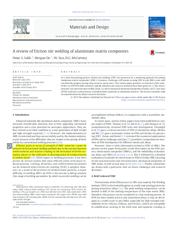 (PDF) A review of friction stir welding of aluminium matrix composites