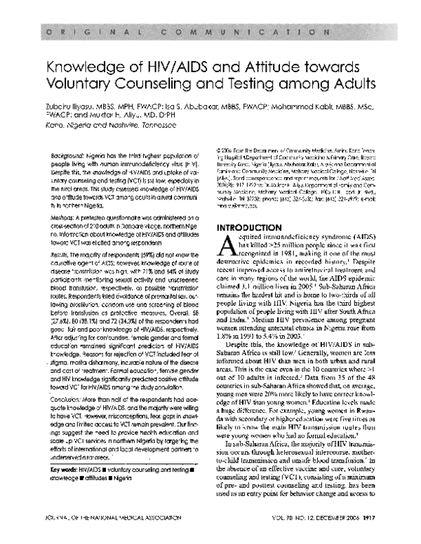 (PDF) Knowledge of HIV/AIDS and attitude towards voluntary counseling ...