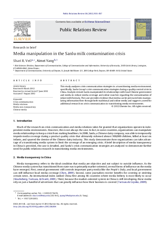 (PDF) Media manipulation in the Sanlu milk contamination crisis
