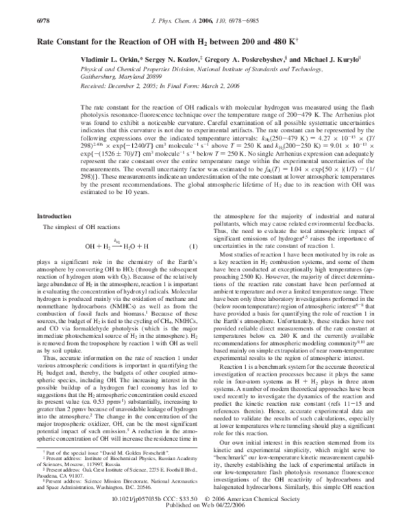 (PDF) Rate Constant for the Reaction of OH with H 2 between 200 and 480 K